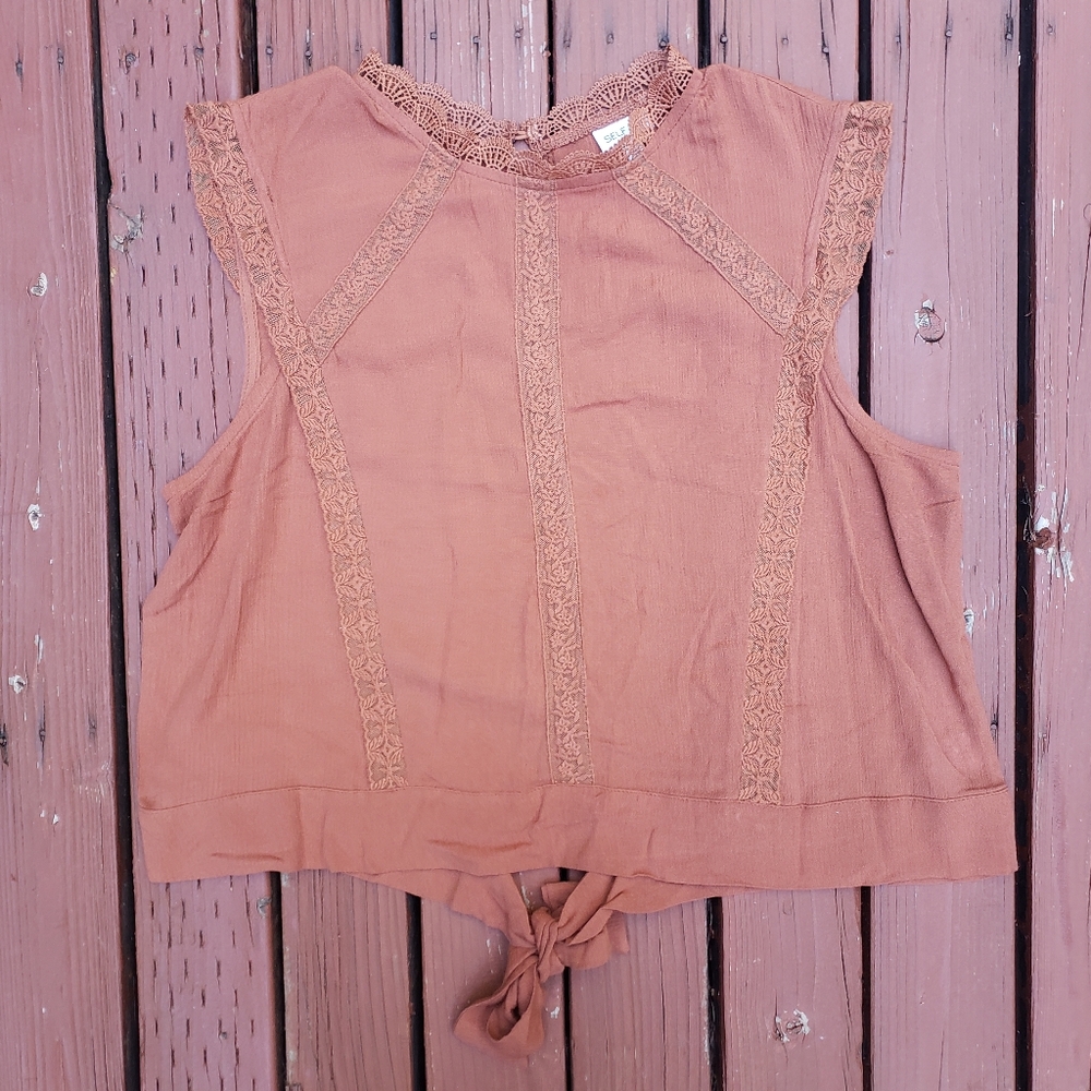 SELFIE Burnt Orange Top With Lace Detail and Tie In Back - XL